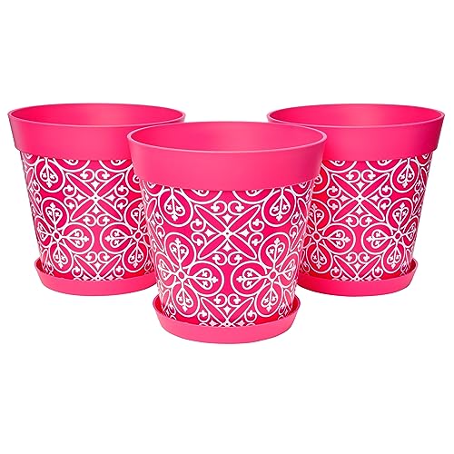 Hum Flowerpots, Satz aus 3 Kunststoff-Blumentöpfen für drinnen und draußen, 25cm Durchmesser, und 3 Untersetzer 19cm Durchmesser Pink Marokkanisch von Hum Flowerpots