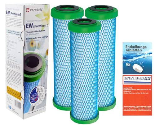 3 x Prime Inventions Wasserfilter EM Premium 5 für Sanuno Vario-HP Duo | Zusätzlich Entkalkungstabs für sichere Desinfizierung und Entkalkung Ihres Filtergerätes von Human-Wellness