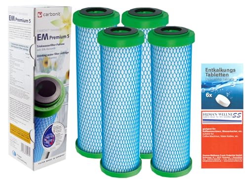 4 x Prime Inventions Wasserfilter EM Premium 5 für Sanuno Vario-HP Duo | Zusätzlich Entkalkungstabs für sichere Desinfizierung und Entkalkung Ihres Filtergerätes von Human-Wellness