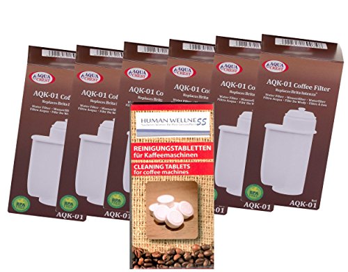 Human-Wellness 6 x AQK-01 Wasserfilter ersetzen BRITA INTENZA Filterkartusche für Bosch/Siemens EQ.3 EQ.6 EQ.8 EQ.9 / Neff/Gaggenau Kaffeemaschine Kaffeevollautomat + 10 Reinigungstabs von Human-Wellness