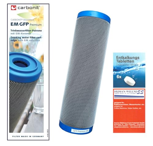 Prime Inventions Wasserfilter GFP Premium EM Filterpatrone 0,4 µ mit mehr Aktivkohle und EM-Keramik | zusätzlich Tabs zur Entkalkung und Desinfizierung des Filtergerätes von Human-Wellness