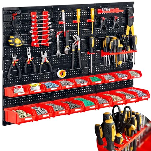 Humberg Werkzeugwand Werkstatteinrichtung - Lochwand - Wandregal für Werkstatt - 6 Module - 43 Teile - Schwarz Rot - 96 x 76 cm von Humberg