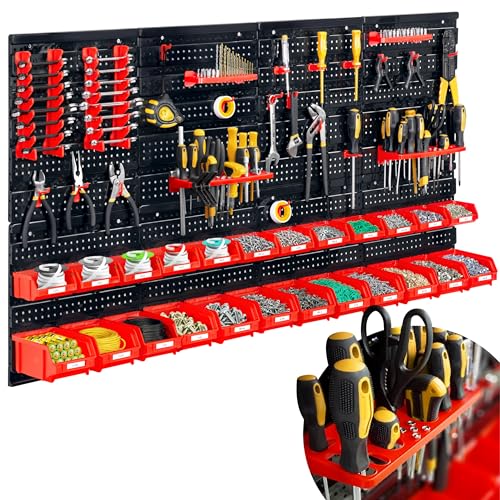 Humberg Werkzeugwand Werkstatteinrichtung - Lochwand - Wandregal für Werkstatt - 6 Module - 54 Teile - Schwarz Rot - 128 x 76 cm von Humberg