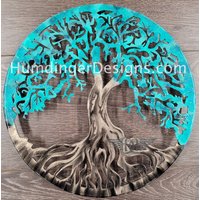 Baum Des Lebens Metallwandkunst Mit Einem Durchmesser Von 91 cm, Türkisfarbenem Laub Und Antikem Silbernem Stamm - Humdinger Designs von HumdingerDesigns0com