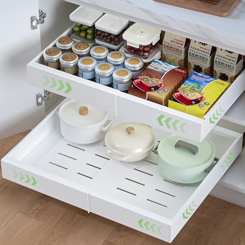 HumiLuft 2 Stück Teleskopschublade, 32-52cm Verstellbare Breite Ausziehbare Schubladen, Ausziehbarer Schrank-Organizer mit Schienensystem, Vielfältiger Küchenschrank Auszug für Organizer (Weiß, 2PC) von HumiLuft