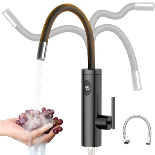 Wasserhahn mit Durchlauferhitzer, 3300W Edelstahl Elektrischer Wasserhahn mit Durchlauferhitzer mit 40cm Wasserversorgungsrohr, 360º Drehung LED Sofortiger Warmwasserhahn Schwarze von HumiLuft