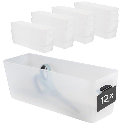12x Ordnungsbox 10 cm hoch - milchig-transparent 30x10x10cm 2 Liter - mit Beschriftungsclip Ordnungskorb Schublade Organizerbox Ordnungssystem Kunststoff Aufbewahrung Korb Schrank Schreibtisch Kiste von Hummelladen