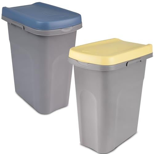 2x 15L Mülleimer Küche gelb blau, Mülleimer 2 Fächer, Mülltrennsystem, Mülltonne, Abfalleimer Küche, Trash Bin, Mistkübel, Gelber Sack Mülleimer, Kleiner Mülleimer mit Deckel, Müll, Mülleimer Klein von Hummelladen