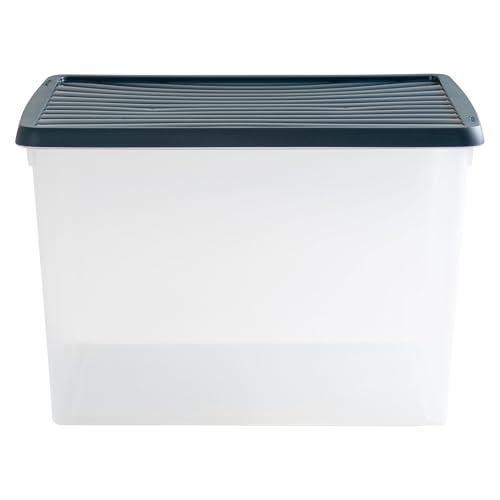 2x AUFBEWAHRUNGSBOX - 50 Liter - Archivbox für 6 Aktenordner DINA4-Format 49x38,5x32 cm - transparent Navy Blau - stapelbar - Archivkiste Kunststoff Box Stapelkiste Büro Storage Aufbewahrung von Hummelladen