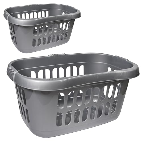 2x Hüft Wäschekorb 43 Liter SILBER mit 3 Griffmulden - 60x39x29 cm ergonomisch geformt - mit Löcher - Haushaltskorb Wäschewanne Tragekorb Wäschesammler Wäschesortierer Wäschebox - Hipster Kunststoff von Hummelladen