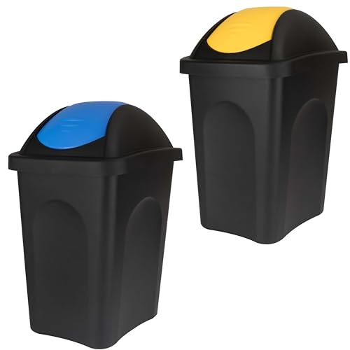 2x Schwingdeckel Mülleimer 30l gelb-blau, Gelber Sack Mülleimer Küche, Mülleimer 2 Fächer, Mülltrennsystem, Mülltonne, Mülleimer 60l(2x30), Abfalleimer Küche, Mistkübel, Trash Bin Mülltrennsysteme von Hummelladen