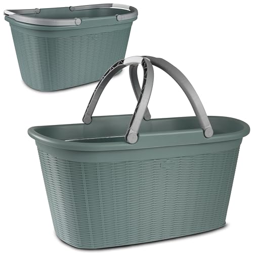 2x Wäschekorb 35 Liter grün mit 2 Henkeln - 57,5x37x29 cm Rattan-Design ohne Löcher - aus recyceltem Kunststoff Haushaltskorb Wäschewanne Tragekorb Wäschesammler Wäschesortierer Wäschebox Aufbewahrung von Hummelladen