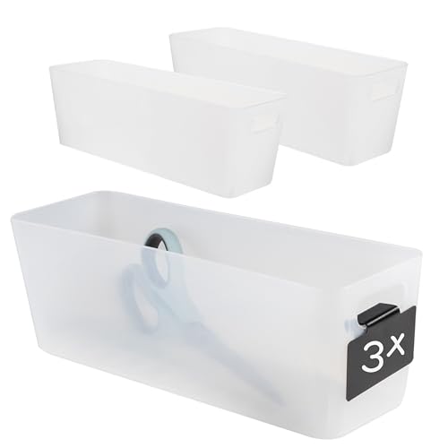 3x Ordnungsbox 10 cm hoch - milchig-transparent 30x10x10cm 2 Liter - mit Beschriftungsclip Ordnungskorb Schublade Organizerbox Ordnungssystem Kunststoff Aufbewahrung Korb Schrank Schreibtisch Kiste von Hummelladen