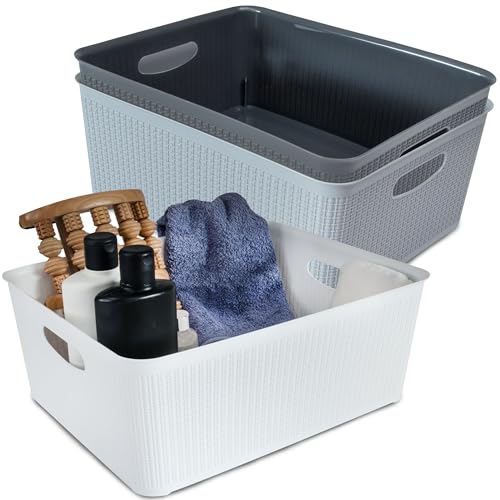 3x Ordnungsbox WEIß-GRAU-ANTHRAZIT - 37x29x15cm - 14 Liter - Rattanoptik Schubladenorganizer Ordnungskorb Schublade - Organizerbox Ordnungssystem Kunststoff Aufbewahrung Bad Korb Schrank Schreibtisch 3x Ordnungsbox WEIß-GRAU-ANTHRAZIT - 37x29x15cm - 14 Liter - Rattanoptik Schubladenorganizer Ordnungskorb Schublade - Organizerbox Ordnungssystem Kunststoff Aufbewahrung Bad Korb Schrank Schreibtisch von Hummelladen