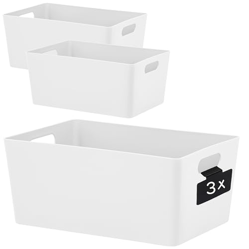 3x Ordnungsbox WEIß mit Beschriftungsclip - DINA5 - 25x17x11cm - 3,9 Liter Ordnungssystem Ordnungskorb Schublade Organizerbox Kunststoff Aufbewahrung Bad Korb Schrank Schreibtisch Schubladenorganizer von Hummelladen