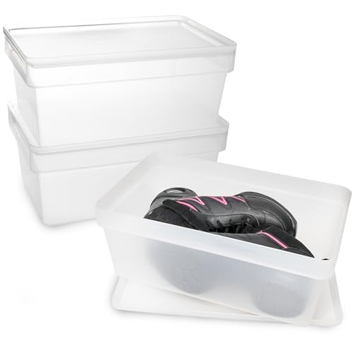 3x Ordnungsbox mit Deckel - stapelbar - milchig-transparent - Schuhbox - 14,5 cm hoch | 21,5x36x14,5 cm - 9 Liter - Ordnungskorb Schubladenorganizer Organizerbox Ordnungssystem Kunststoff Aufbewahrung von Hummelladen