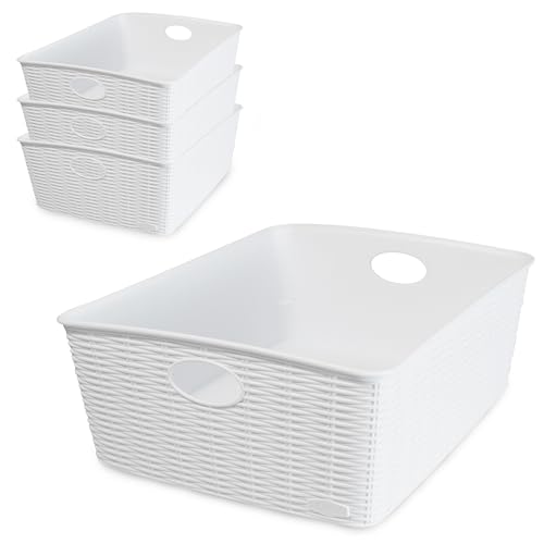 4x Aufbewahrungskörbchen 12 cm hoch WEIß Rattan-Optik- 35x28x12cm DINA4 - Ordnungskorb Ordnungsbox Schubladenorganizer Schublade Organizerbox Ordnungssystem Kunststoff Aufbewahrung Korb Schreibtisch von Hummelladen