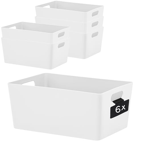 6x Ordnungsbox WEIß mit Beschriftungsclip - DINA5 - 25x17x11cm - 3,9 Liter Ordnungssystem Ordnungskorb Schublade Organizerbox Kunststoff Aufbewahrung Bad Korb Schrank Schreibtisch Schubladenorganizer von Hummelladen