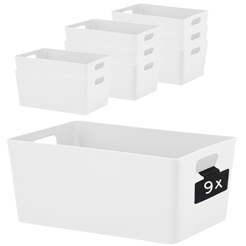 9x Ordnungsbox WEIß mit Beschriftungsclip - DINA5 - 25x17x11cm - 3,9 Liter Ordnungssystem Ordnungskorb Schublade Organizerbox Kunststoff Aufbewahrung Bad Korb Schrank Schreibtisch Schubladenorganizer von Hummelladen