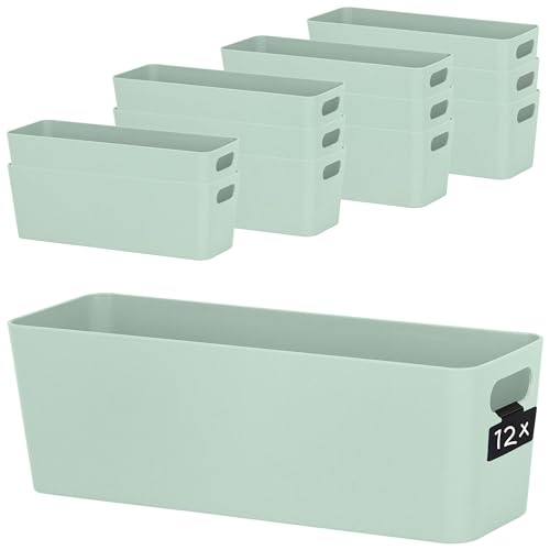 Hummelladen 12x Ordnungsbox 10 cm hoch - GRÜN - 30x10x10cm 2 Liter - mit Beschriftungsclip Ordnungskorb Schublade Organizerbox Ordnungssystem Kunststoff Aufbewahrung Korb Schrank Schreibtisch Kiste von Hummelladen
