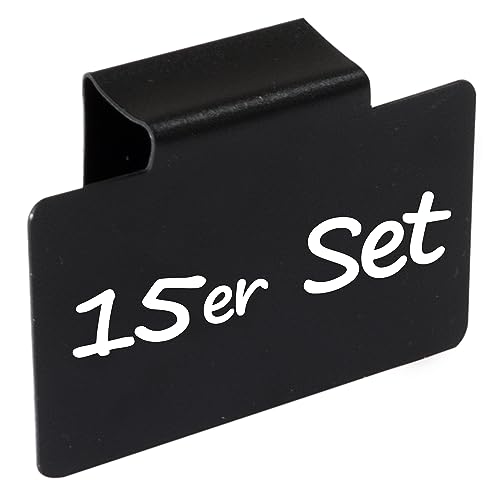 Hummelladen 15 Etikettenhalter aus PVC in Schwarz 4x7cm - Beschriftungsclip für Aufbewahrungsboxen für Regal Schubladen Schranktüren bis 1,5cm zum Einhängen Aufstecken Korbetiketten von Hummelladen