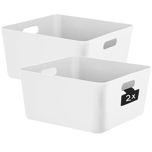 Hummelladen 2 x Ordnungsbox mit Beschriftungsclips - 15 cm hoch - weiß - 30 x 30 cm - Ordnungskorb Ordnungssystem Regalorganizer Wandregal Organizerbox Kunststoff Aufbewahrung Schubladenorganizer von Hummelladen