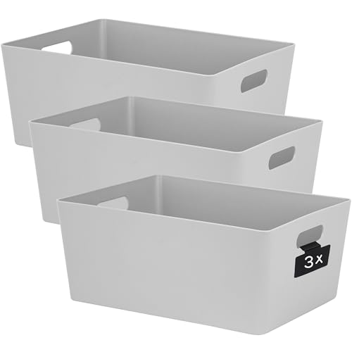 Hummelladen 3 x Ordnungsbox mit Beschriftungsclip GRAU DINA4-26x35x15 cm 11,5 Liter - Ordnungskorb Ordnungssystem Regalorganizer Wandregal Organizerbox Kunststoff Aufbewahrung Schubladenorganizer von Hummelladen