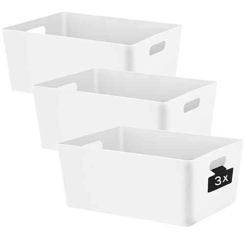 Hummelladen 3 x Ordnungsbox mit Beschriftungsclip weiß DINA4-26x35x15 cm 11,5 Liter - Ordnungskorb Ordnungssystem Regalorganizer Wandregal Organizerbox Kunststoff Aufbewahrung Schubladenorganizer von Hummelladen