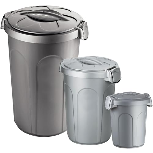 Hummelladen 3X Mülltonne Set Futtertonne mit verschließbarem Deckel Silber - 3 Größen 8 23 46 Liter - Windeleimer Müllbehälter Mülltrennung Lebensmittelecht Futterbehälter Oskartonne von Hummelladen