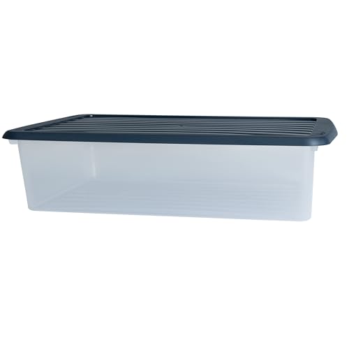 Hummelladen 3x AUFBEWAHRUNGSBOX - 8 Liter - DINA4-Format mit Deckel - 39x27,5x10 cm - transparent Navy Blau - stapelbar - Kunststoff Box Stapelkiste Büro Storage Aufbewahrung Flach von Hummelladen