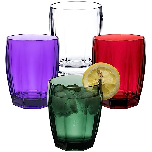 Hummelladen 4x Campingglas aus Acryl 320ml KLAR ROT GRÜN LILA - Trinkglas Acrylglas Wasserglas Kunststoff Camping Garten Echtglasoptik Picknick Becher Kinder Senioren Longdrink Coktail von Hummelladen