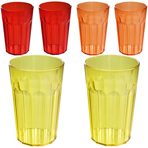 Hummelladen 6 Stück Acryl Trinkglas BUNT - ROT ORANGE GELB für 6 Personen - 630 ml - Camping Glas Set bruchfest - Kunststoff Party Picknick Kinder Wasserglas von Hummelladen