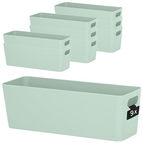 Hummelladen 9x Ordnungsbox 10 cm hoch - GRÜN - 30x10x10cm 2 Liter - mit Beschriftungsclip Ordnungskorb Schublade Organizerbox Ordnungssystem Kunststoff Aufbewahrung Korb Schrank Schreibtisch Kiste von Hummelladen