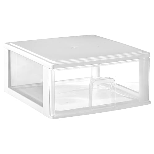 Hummelladen Schubladenbox mit 1 großen Schublade 38x37x17 cm - Weiss-transparent Kunststoff Drawer Tower Box Organizer für Schreibtisch Easy-Pull-System von Hummelladen