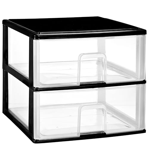 Hummelladen Schubladenbox mit 2 großen Schubladen 38x37x32 cm - schwarz-transparent Kunststoff Drawer Tower Box Organizer für Schreibtisch Easy-Pull-System von Hummelladen