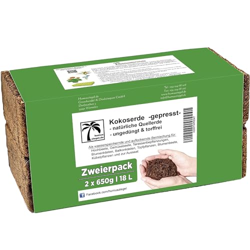 Humusziegel Anzuchterde 18L Kokoserde für Pflanzen 2 x 650g - kokosfasern für Pflanzen, natürlich & torffrei kokoserde gepresst - Hochbeeterde, geeignet als Palmenerde, Erde für Zimmerpflanzen von Humusziegel