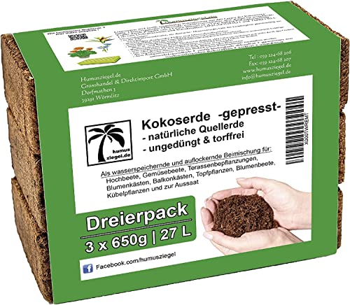 Humusziegel - Hochbeet Aussaaterde - 27 L - 3 x 650 g Blumenerde aus Kokosfaser - natürlich & torffrei - Hochbeeterde, geeignet als Palmenerde, Erde für Zimmerpflanzen, Chili Erde, Pflanzenerde von Humusziegel