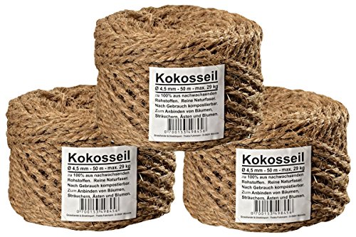 Humusziegel - Seil aus Kokosfaser - 4.5 mm - 3 x 50 m - ungefärbte Naturfaser – Verwendbar als Sisal Seil für Kratzbaum, Baumanbinder, Paketschnur, Pflanzenband & als Deko von Humusziegel