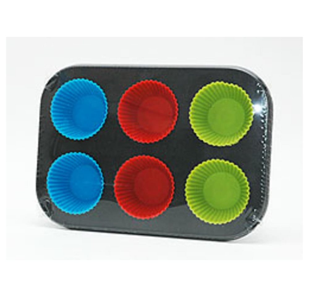 HundB Backform Muffin-Backform, 6-er m. Silikonförmchen, 18 x 26 cm, (Set 7-tlg), Backblech Backform Muffinform Silikonform Backzubehör Backutensil von HundB