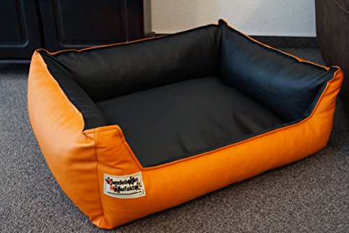 Hundebett Hundesofa Schlafplatz Kunstleder Similpelle Farbe und Größe wählbar von XS bis XXL (105 cm X 80 cm, orange schwarz) von Hundebettenmanufaktur