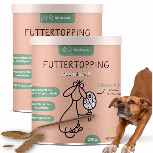 Hunderunde – Futtertopping Haut & Fell 2x250g – natürliche Hautpflege & glänzendes Fell I Hanfpulver Bierhefe Seealgen Möhrenmehl Chlorella Rote?Beete Heidelbeer Algenpulver von Hunderunde