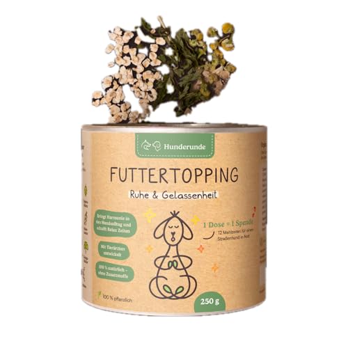 Hunderunde – Futtertopping Ruhe & Gelassenheit 2x250 g – pflanzlich & natürlich unterstützen bei Stress Lärm Reisen Trubel I Baldrian Passionsblume Melisse Hopfen Hanf Bierhefe von Hunderunde