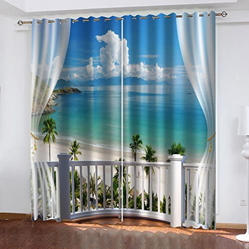 Hundnsney Ösenvorhang Blickdicht 2Er Set 3D Blauer Balkon Mit Meerblick Muster Thermo Vorhänge Gardinen Wohnzimmer Schlafzimmer Kinderzimmer Küchengardinen Modern Fensterdekoration 210X264cm (HxB) von Hundnsney