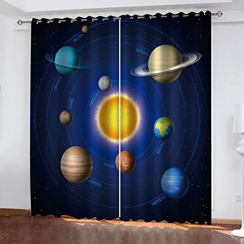 Vorhänge Wohnzimmer Modern Blickdicht 2Er Set 3D Planet Sonnensystem Muster Schlaufenschal Verdunkelungsvorhang Vorhänge Lärmminderung Gardinen Fensterdekoration 160X150cm(HxB) von Hundnsney