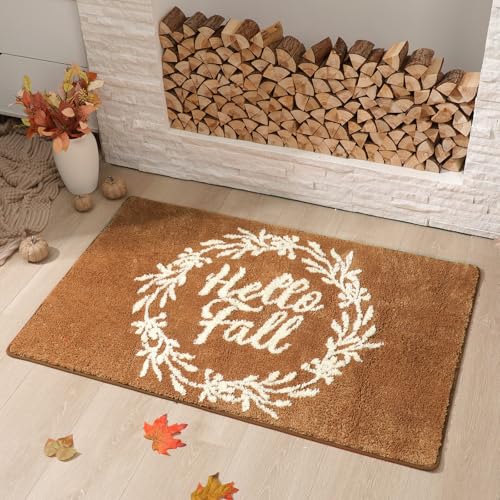 HunnmingRe Große Spinnennetz-Badvorleger, Gothic-Badematte, Halloween, schwarze Fußmatte, Plüsch-Mikrofaser, waschbar, rutschfeste Matte für Haustür, Küche, Wohnzimmer (Hello Fall, Braun) von HunnmingRe
