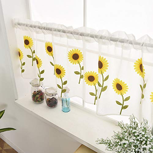 Hunpta @ Voile Scheibengardinen Sonnenblume Motiv Bistrogardine Transparent Kurze Gardinen Kaffee Küchenvorhang,100x50cm, 1 Stück von Hunpta @