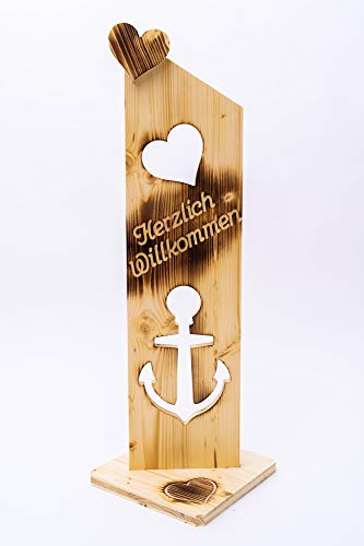 Der Einschneider Willkommensschild Haustür Anker NR16 Geflammtes Herzlich Willkommen Schild - Türschild Holz Deko, Gartendeko, Türdeko - Lackiert & Wetterfest - 25 x 20 x 79 cm von Der Einschneider