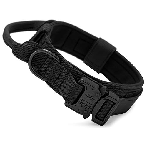 HUNTVP taktisch Hundehalsband Verstellbar mit Kontrollgriff, aus Nylon, gepolstert, Metallschnalle, für Mittlere Große Hunde Jagd Training Freizeit Outdoor, Schwarz M von HUNTVP