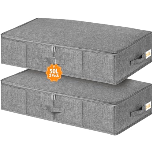 Huquter 50L Unterbett Aufbewahrungbox mit verstellbaren Trennwänden, 2er-Pack Unterbett Aufbewahrung mit Klarsichtfenster, faltbare Unterbettkommode für Spielzeug/Schuhe/Kleidung (Grau-76*38*17cm) von Huquter