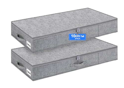 Huquter Unterbett-Aufbewahrungsbox mit Deckel, 2 Stück, 10 cm, niedrig, Unterbettkommode mit stabiler Seiten- und Bodenstütze, faltbare Leinen-Aufbewahrungstasche mit Reißverschluss für Kleidung von Huquter